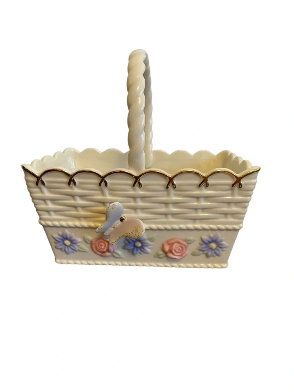 Lenox Porcelain Butterfly Floral Basket Woven Texture 24k Gold Trim Ivory Pastel